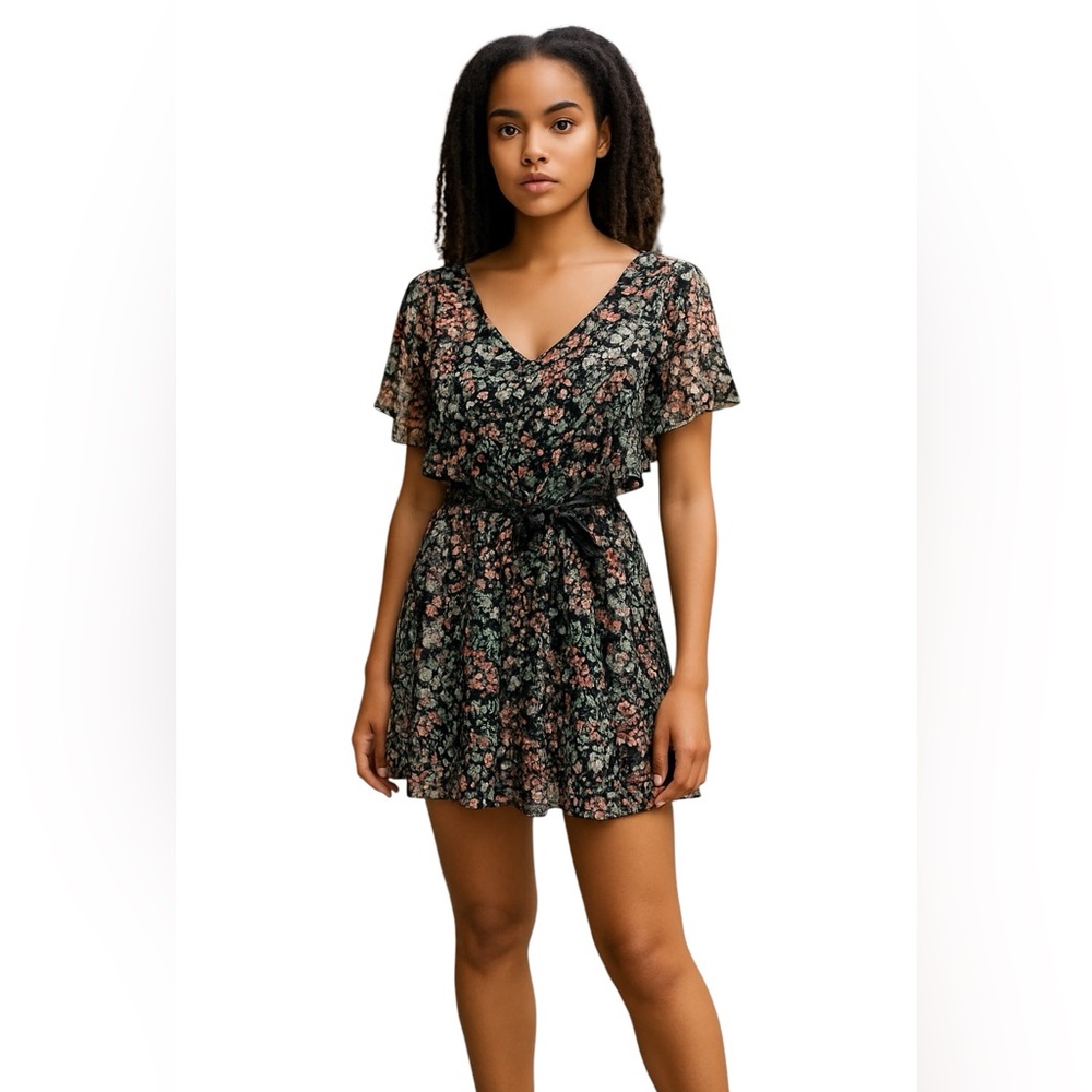 CANDIE’S MOODY FLORAL PRINT BELTED COLD SHOULDER CINCH WAIST MINI DRESS Size S